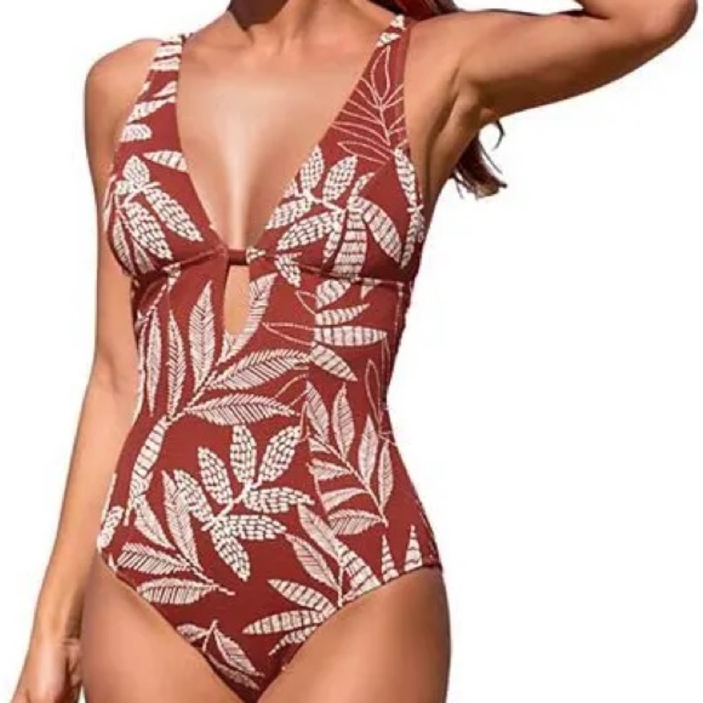 CUPSHE Women's Leaf Print Swimsuit - Brick Red